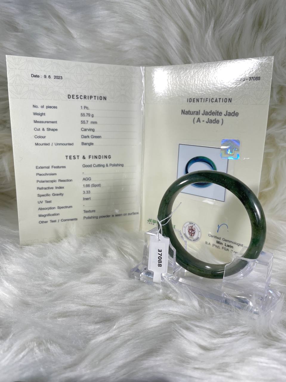 Grade A Natural Jade Bangle with certificate #37088