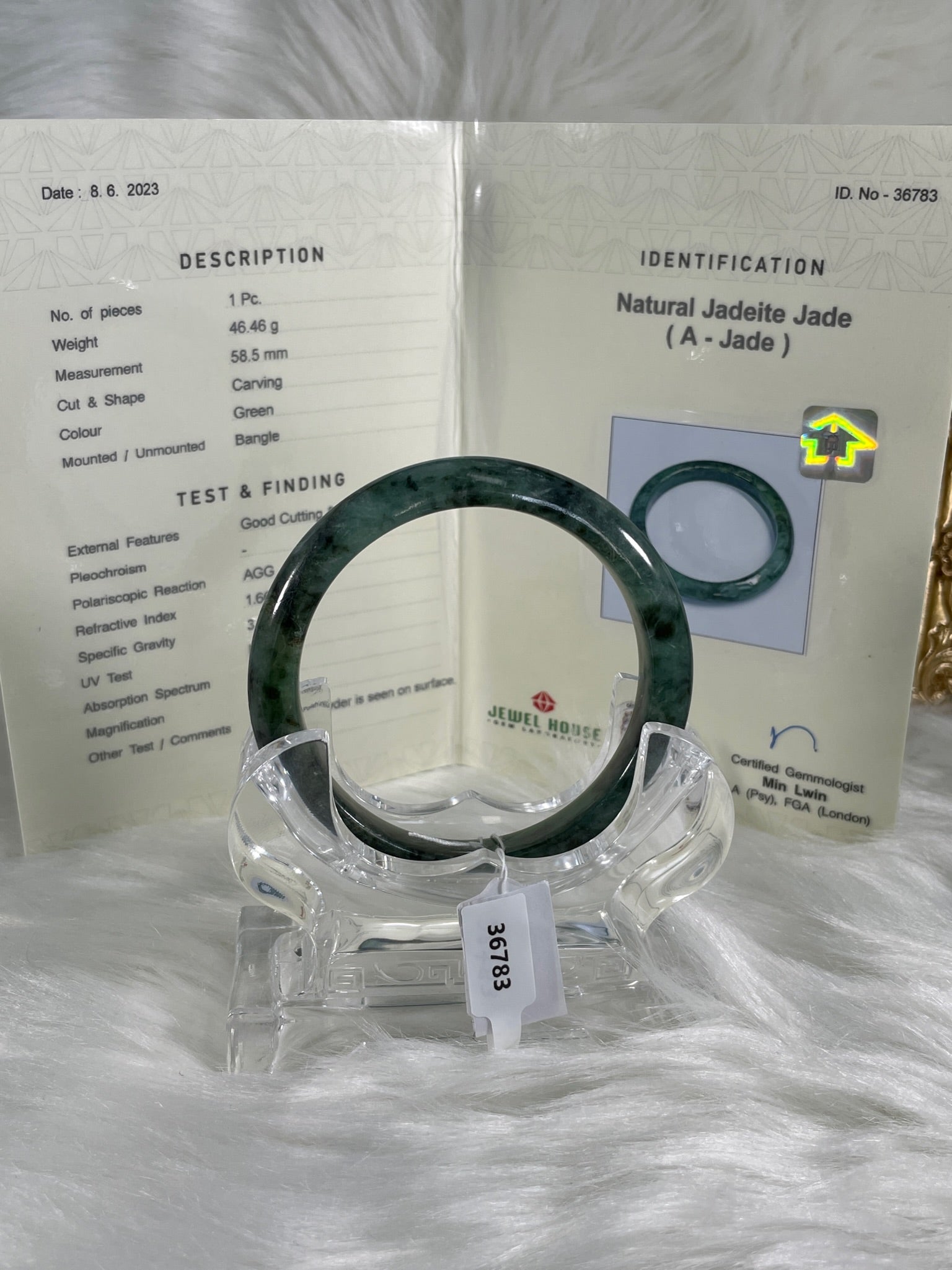 Grade A Natural Jade Bangle with certificate #36783