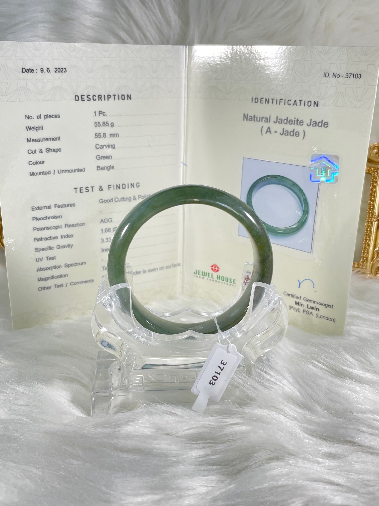 Grade A Natural Jade Bangle with certificate #37103