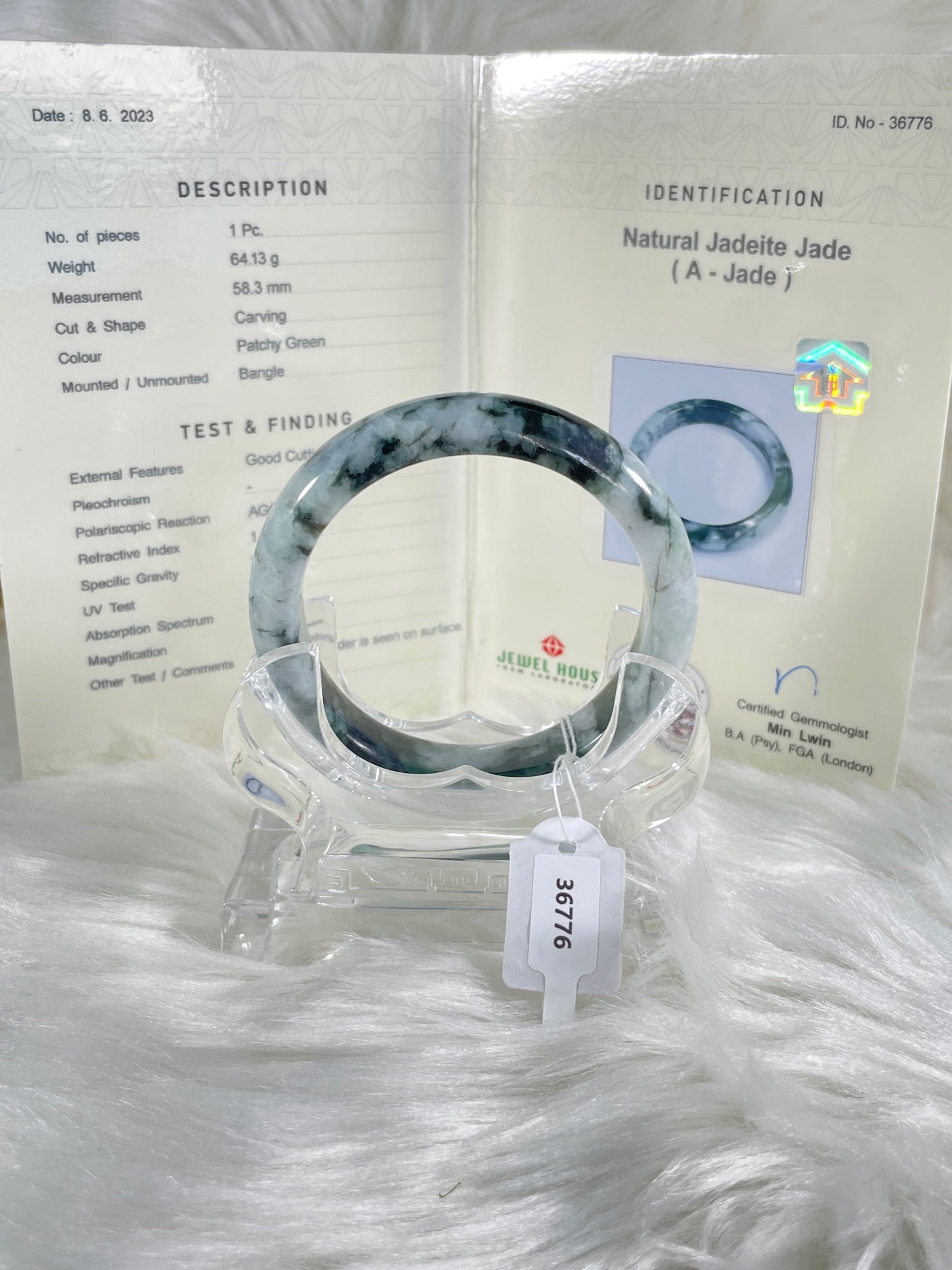 Grade A Natural Jade Bangle with certificate #36776
