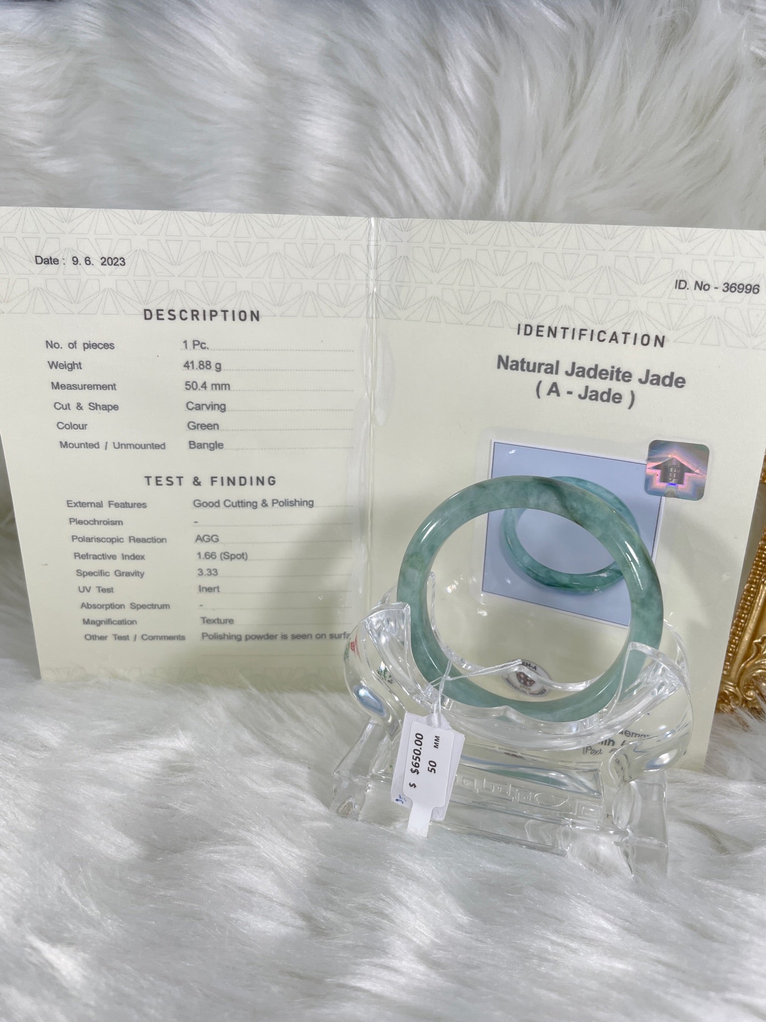 Grade A Natural Jade Bangle with certificate #36996