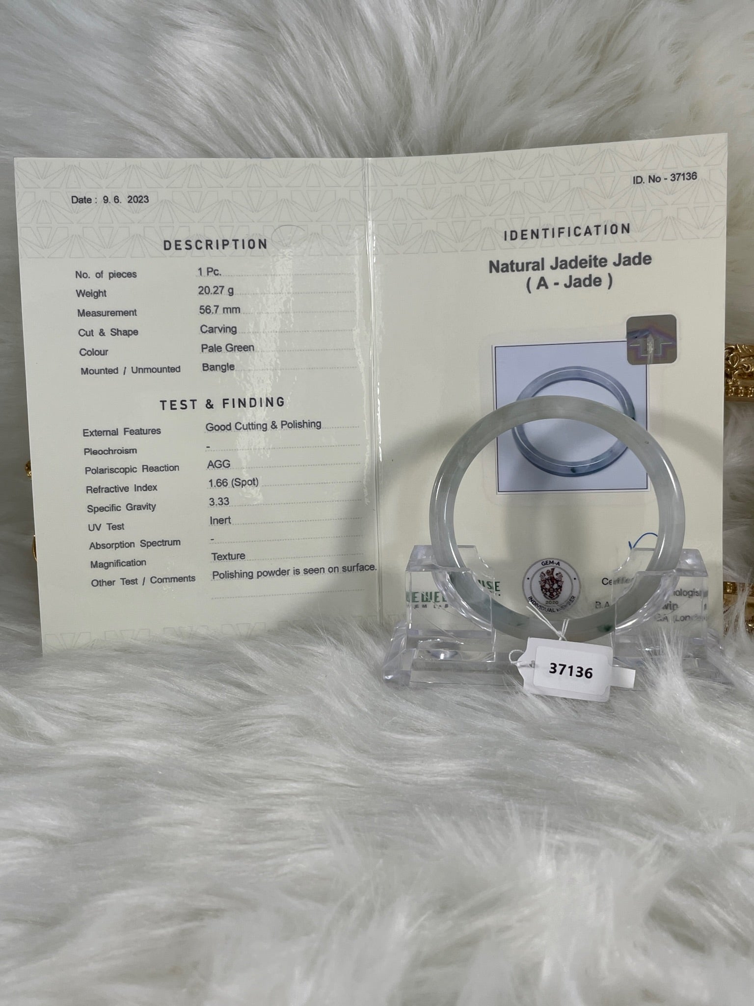 Grade A Natural Jade Bangle with certificate #37136