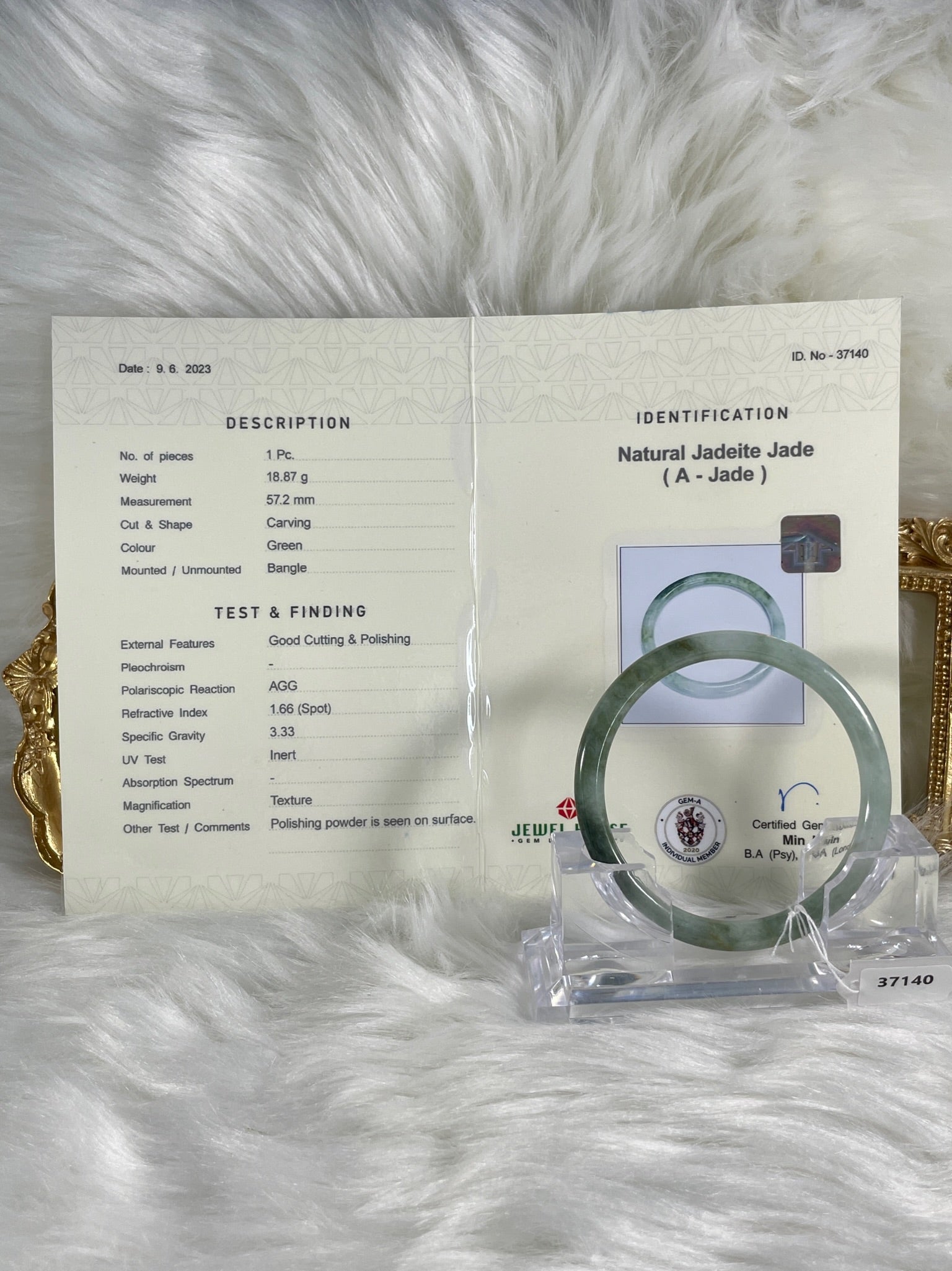 Grade A Natural Jade Bangle with certificate #37140