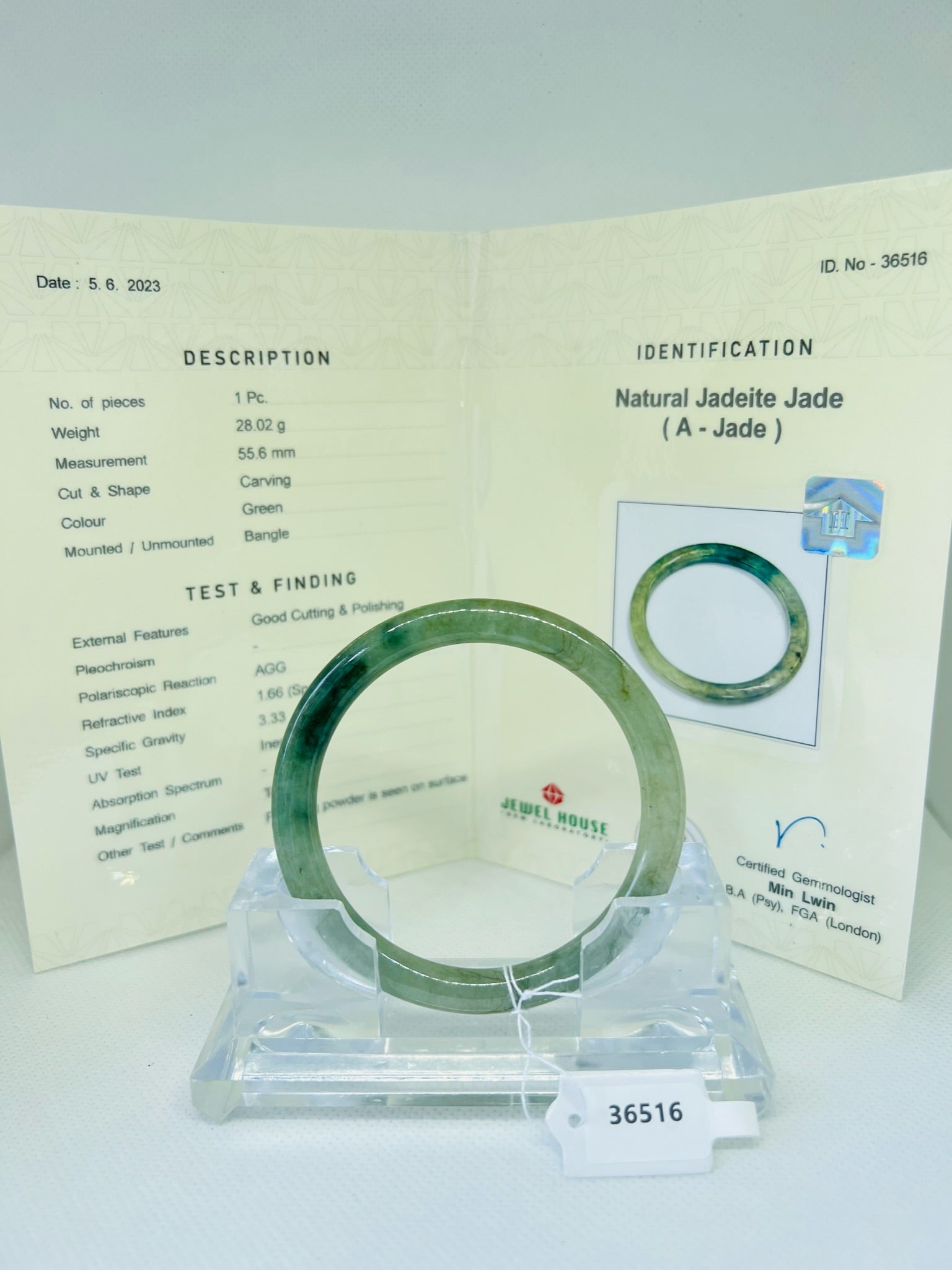 Grade A Natural Jade Bangle with certificate #36516