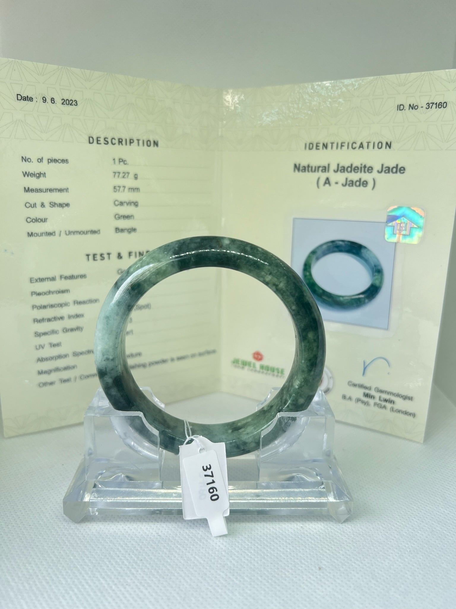 Grade A Natural Jade Bangle with certificate #37160