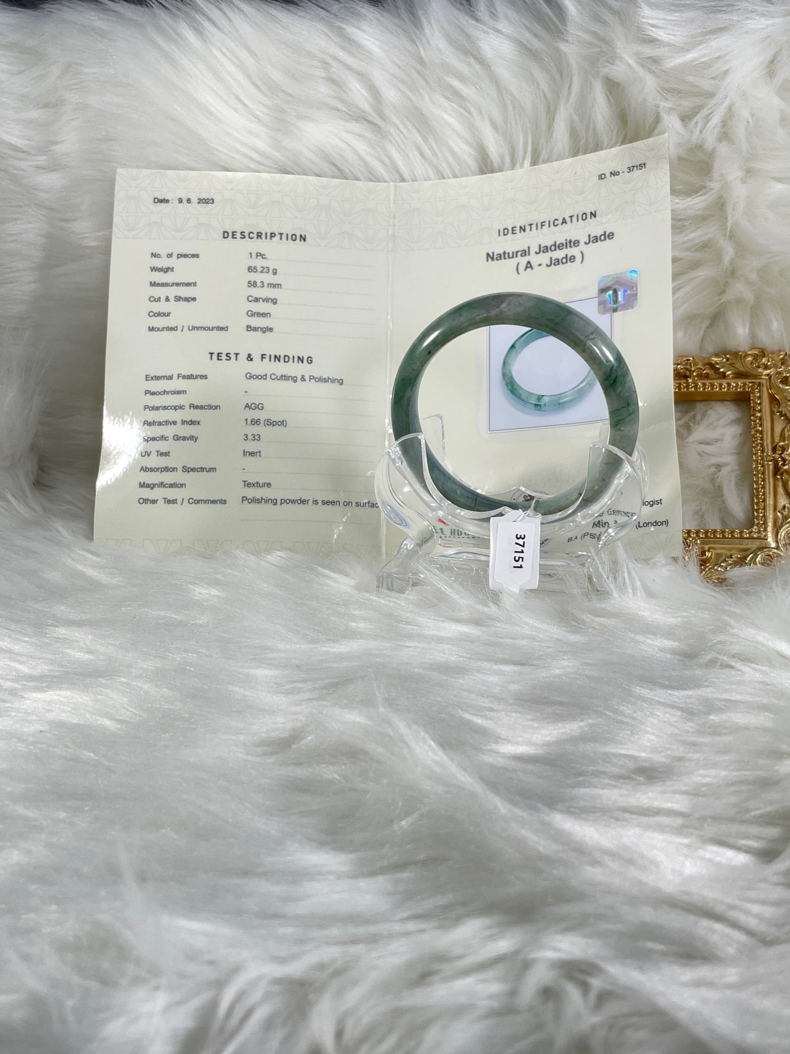 Grade A Natural Jade Bangle with certificate #37151