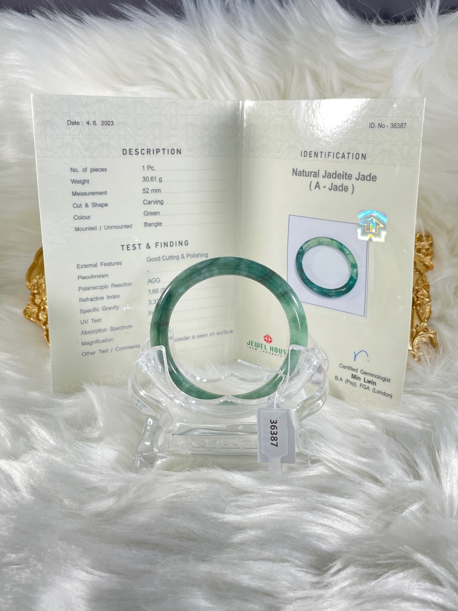 Grade A Natural Jade Bangle with certificate #36387