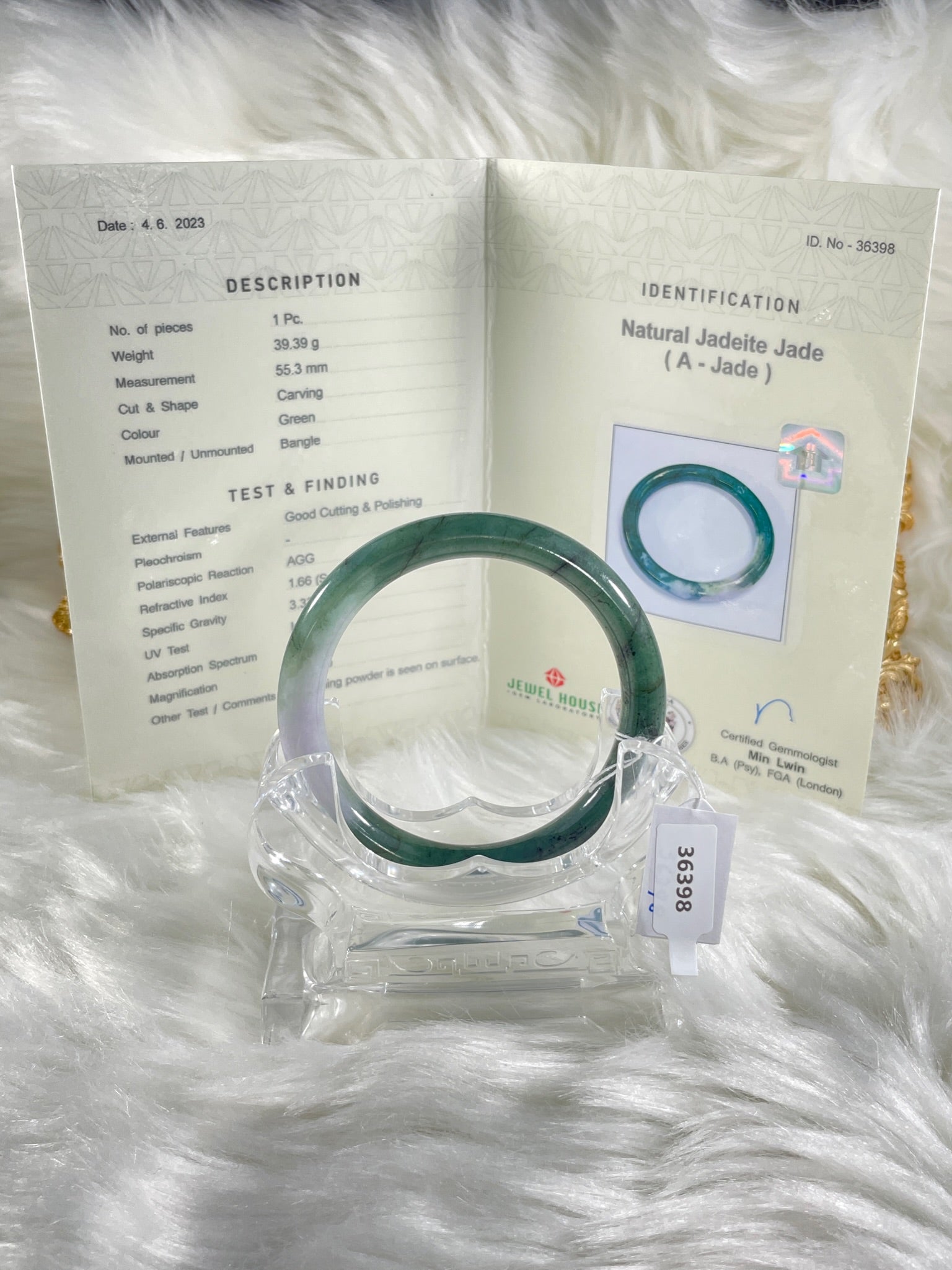 Grade A Natural Jade Bangle with certificate #36398