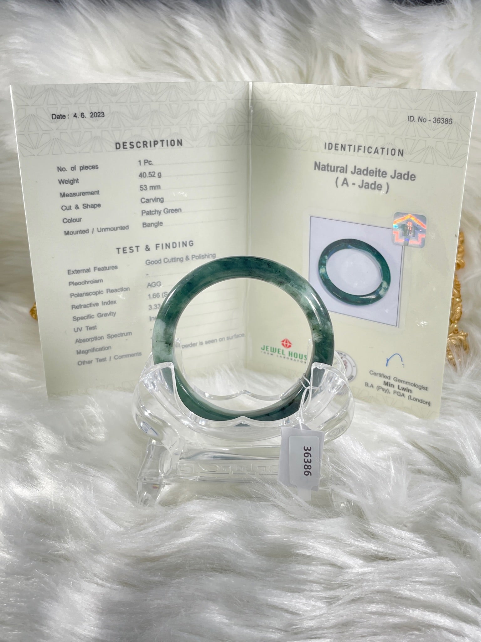 Grade A Natural Jade Bangle with certificate #36386