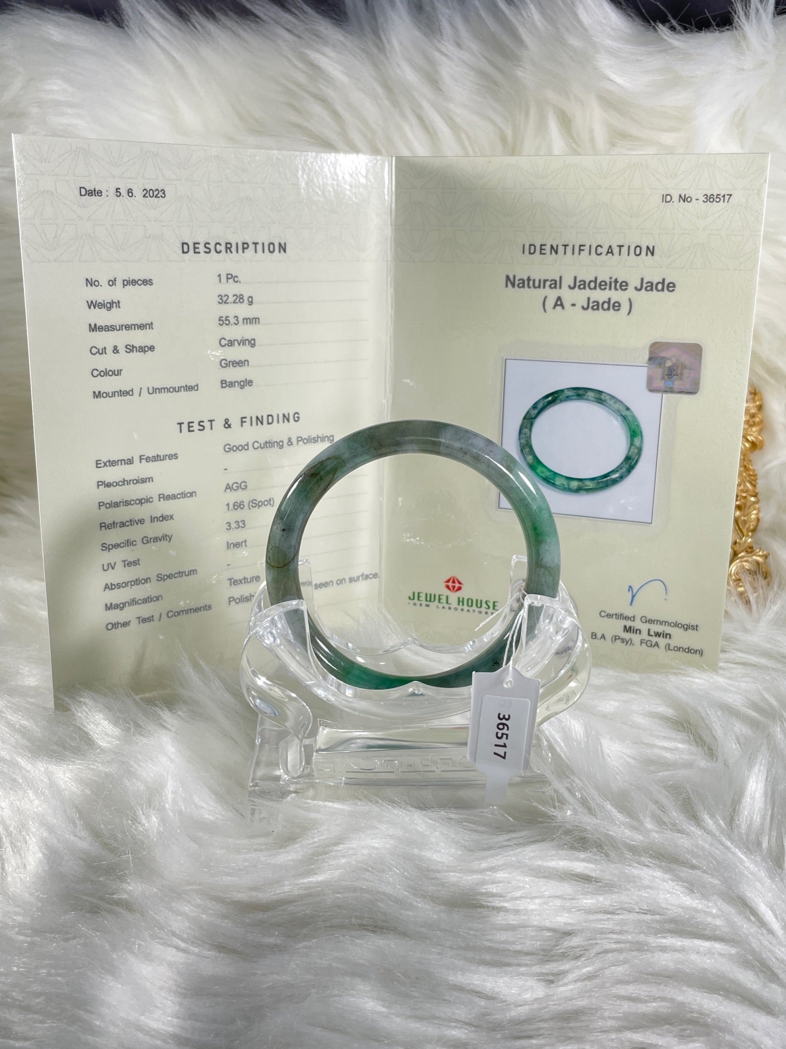 Grade A Natural Jade Bangle with certificate #36517