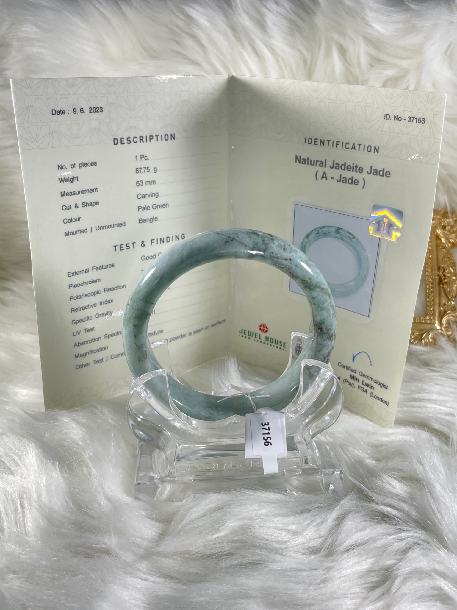 Grade A Natural Jade Bangle with certificate #37156