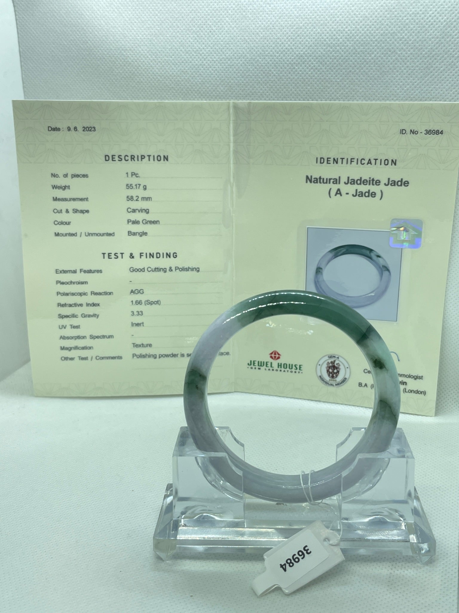 Grade A Natural Jade Bangle with certificate #36984