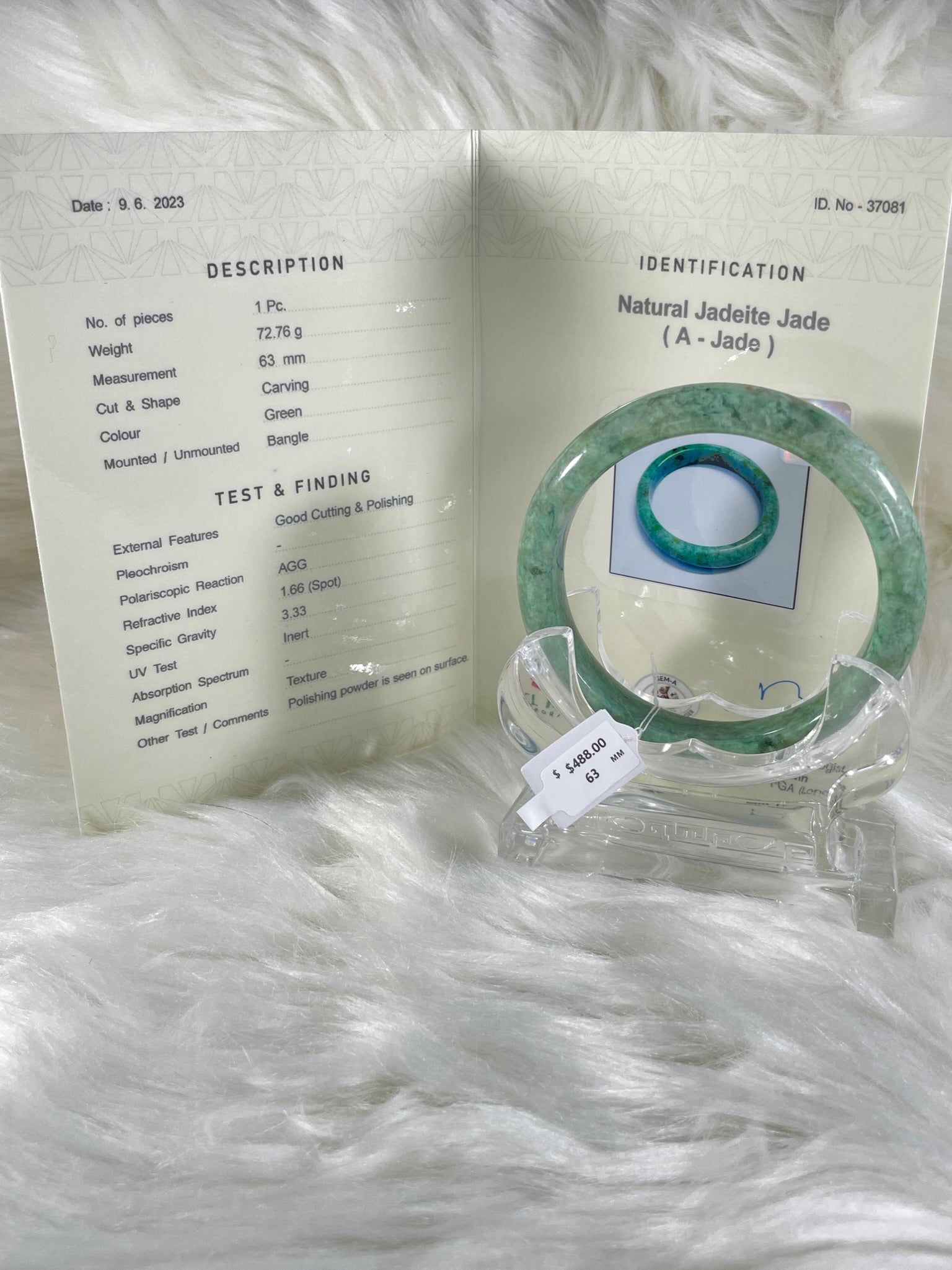 Grade A Natural Jade Bangle with certificate #37081