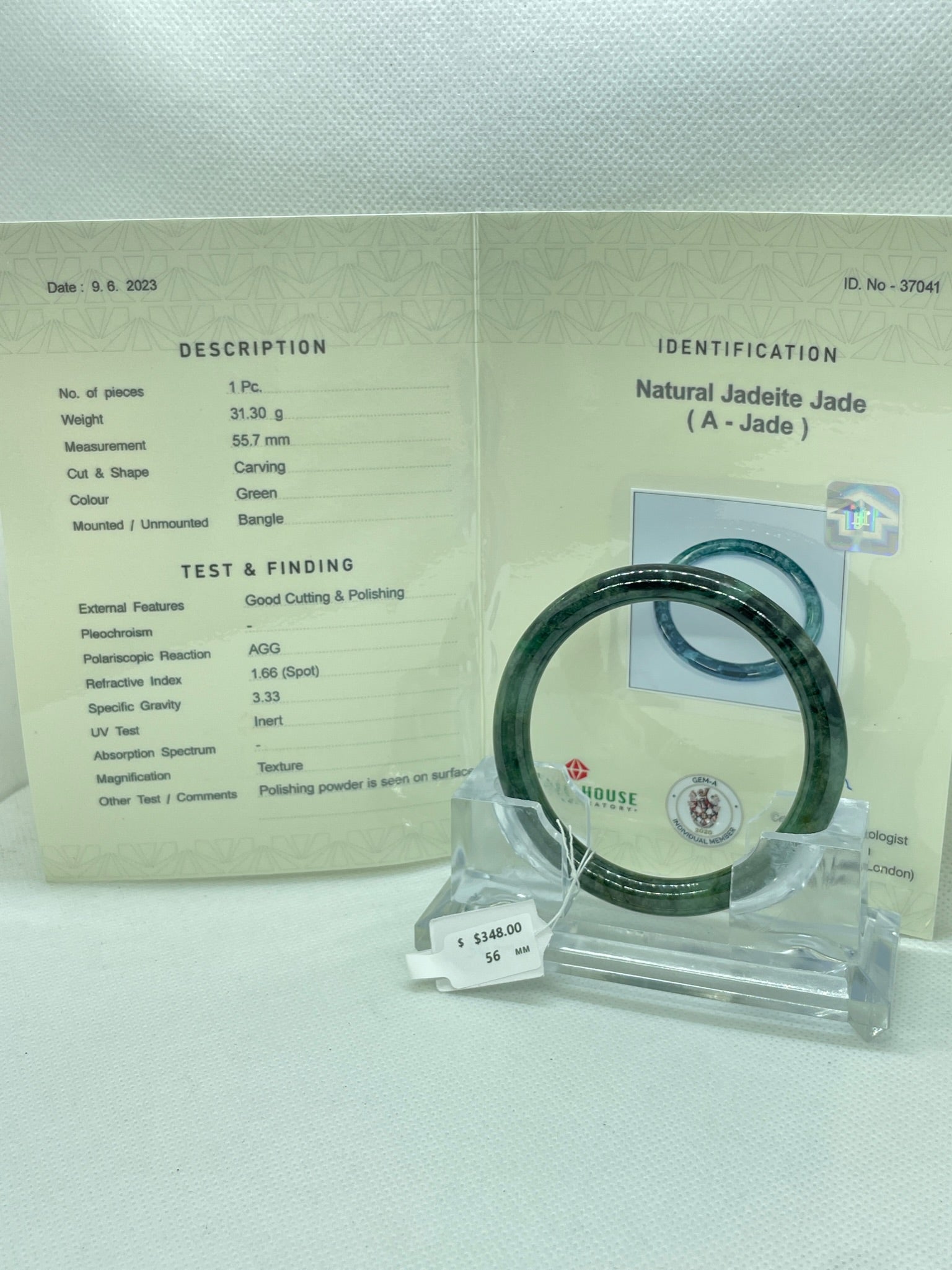 Grade A Natural Jade Bangle with certificate #37041