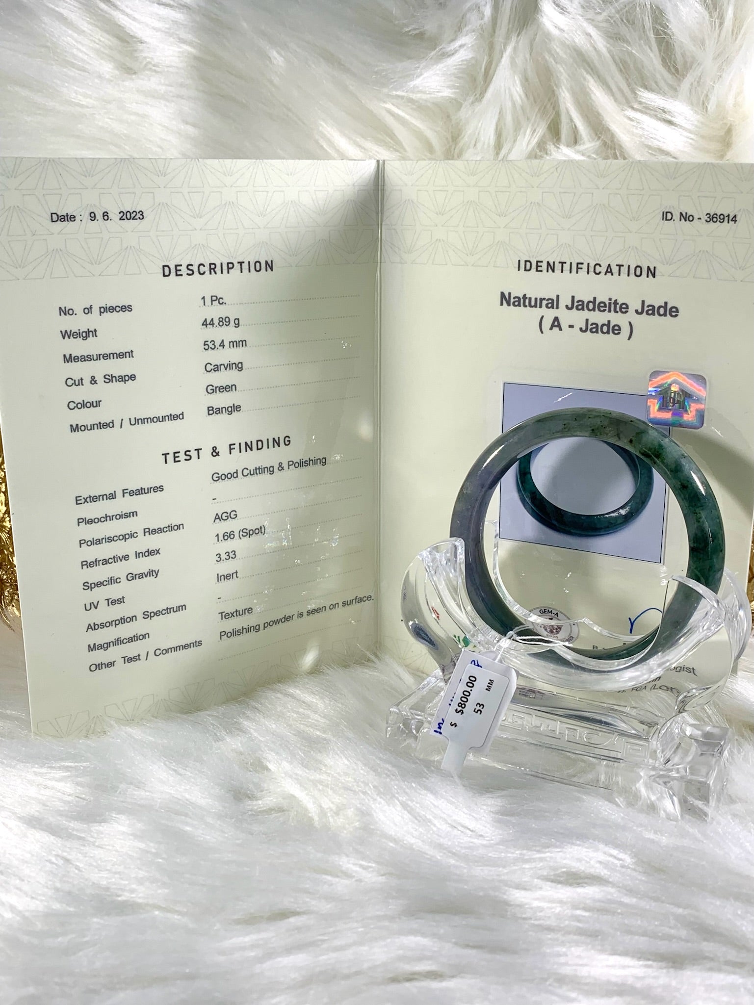 Grade A Natural Jade Bangle with certificate #36914