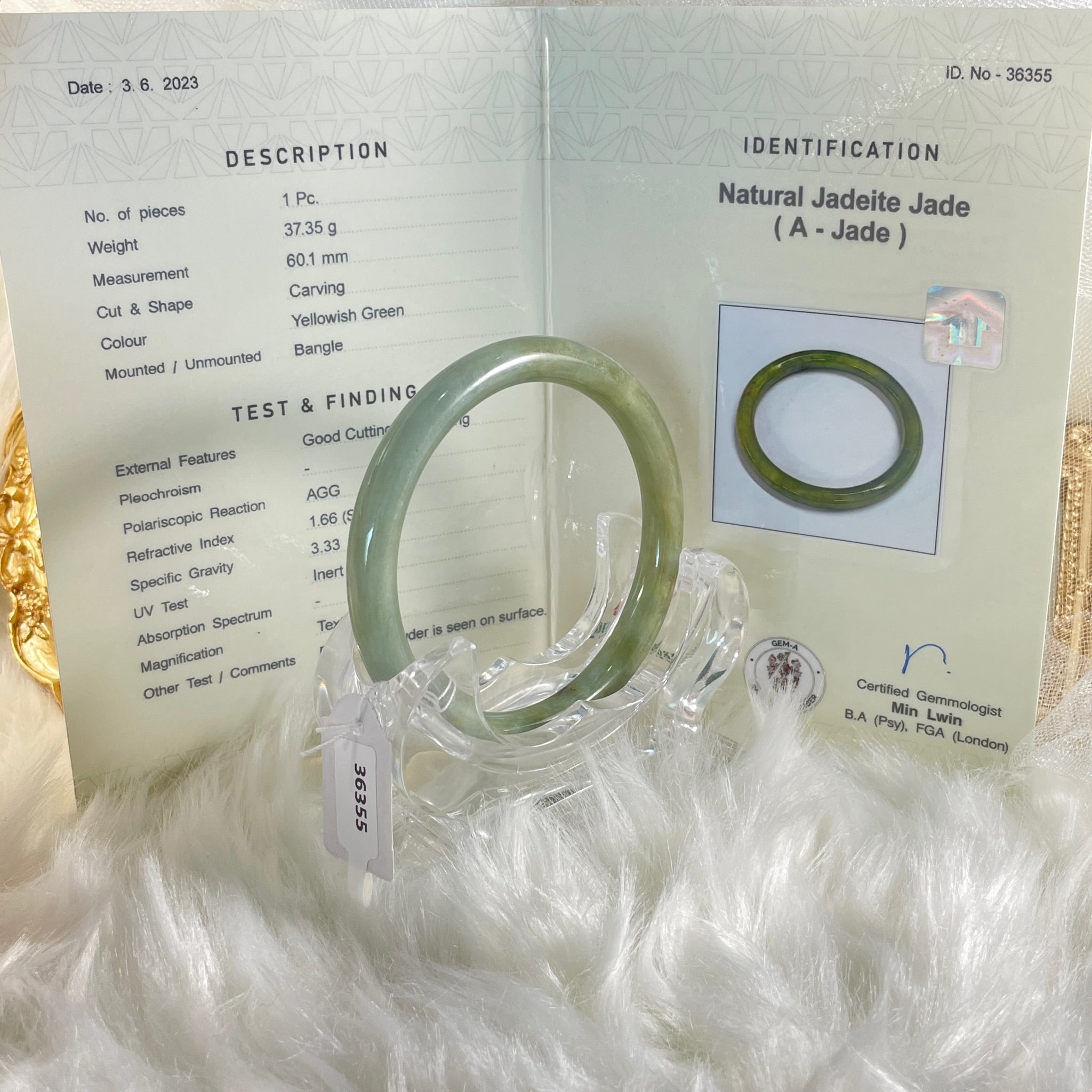 Grade A Natural Jade Bangle with certificate #36355