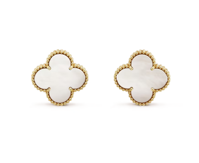 Magic Alhambra White Mother of Pearl Earrings in 18k Yellow Gold