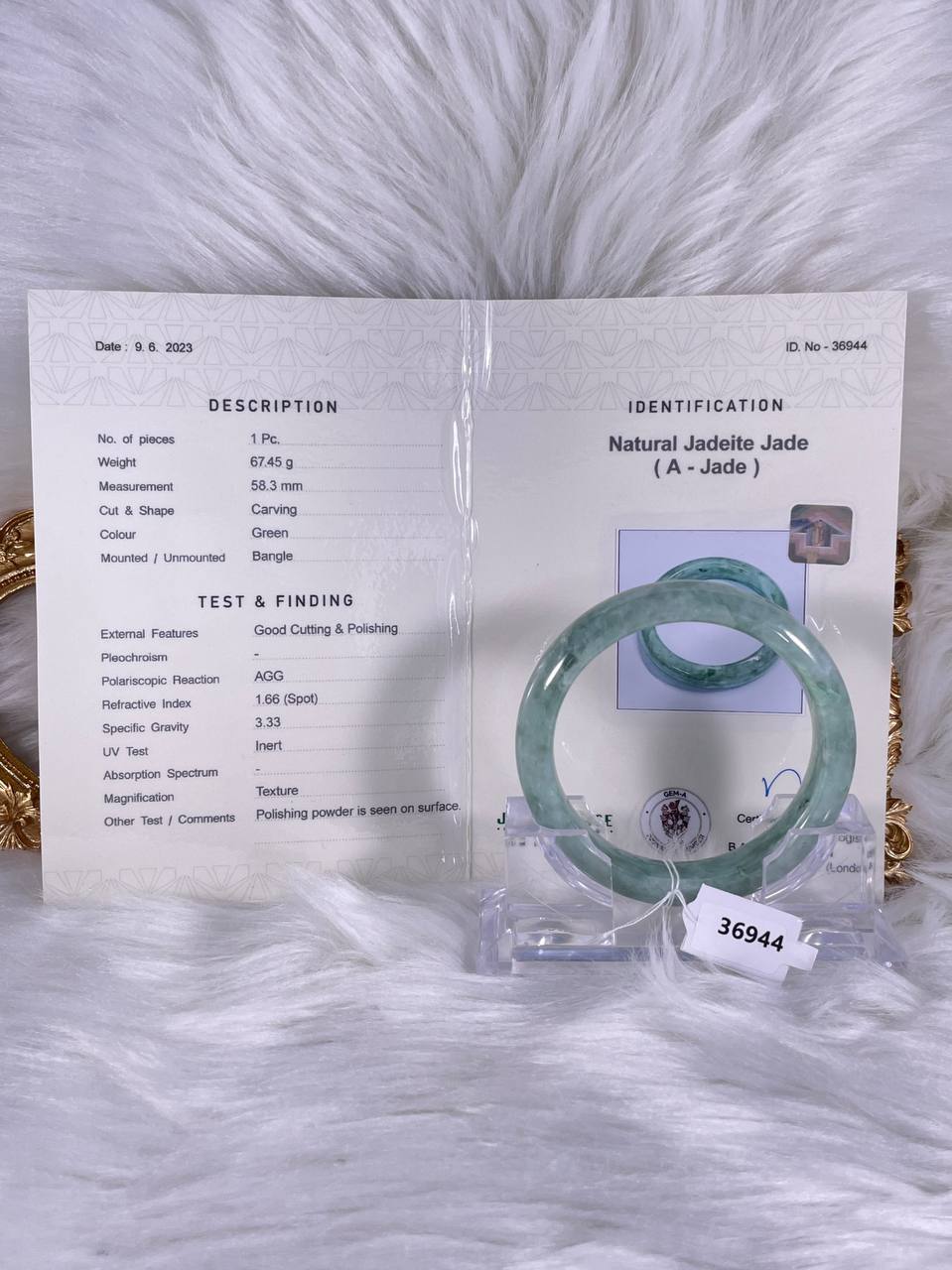 Grade A Natural Jade Bangle with certificate #36944
