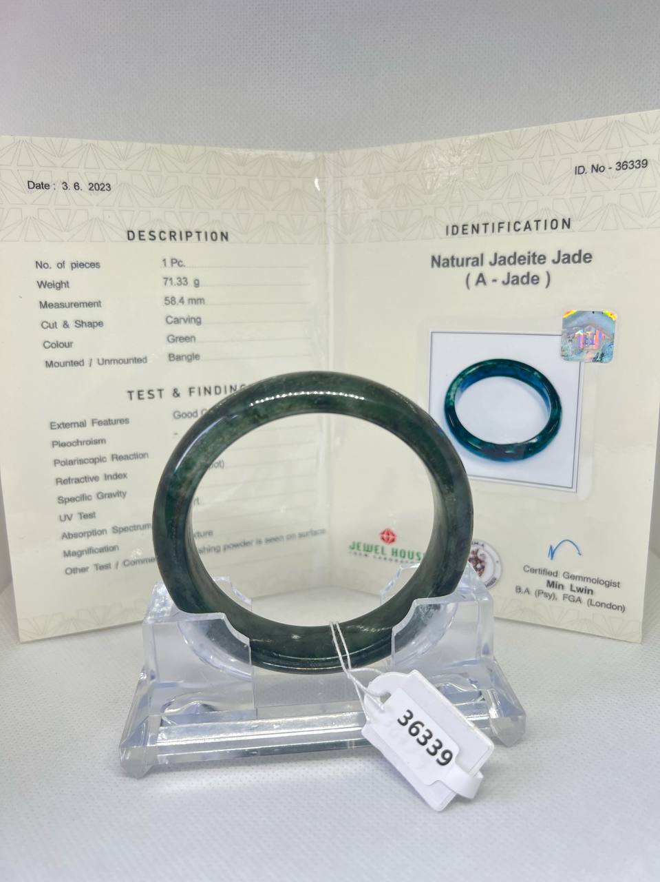 Grade A Natural Jade Bangle with certificate #36339