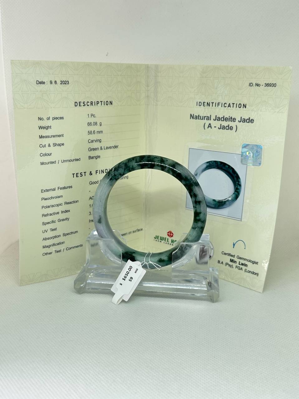 Grade A Natural Jade Bangle with certificate #36930