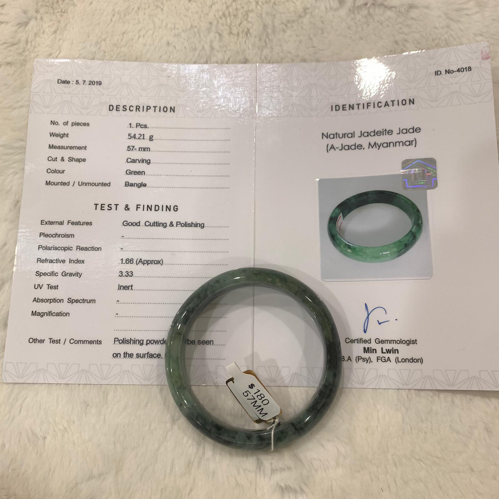 Grade A Natural Jade Bangle with certificate #4018