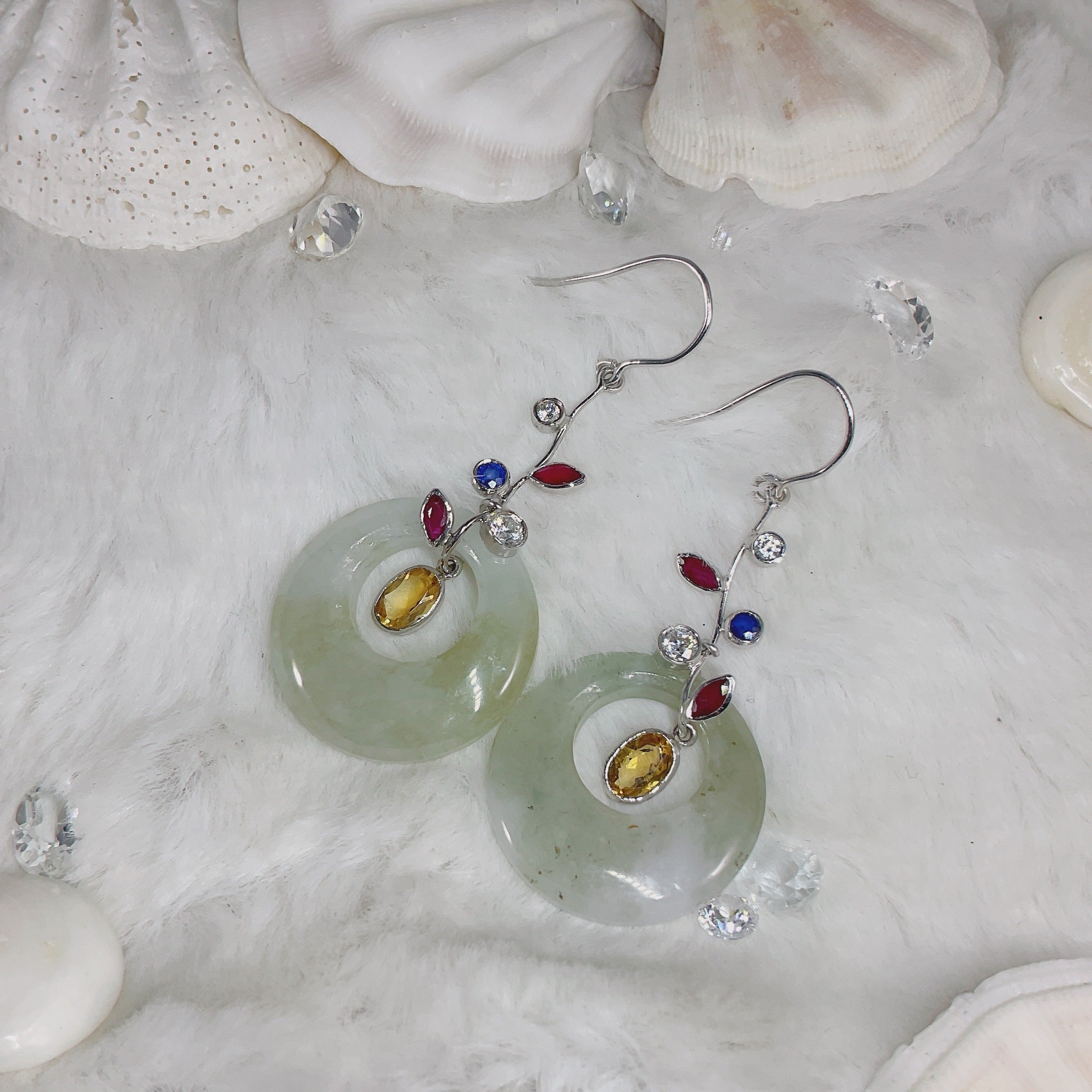 Jade Earrings w/ White & Blue sapphires, Citrine & Ruby (DBREAR-0003)