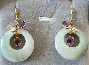 18K Yellow Gold Jade Donut Earrings With Amethyst (JP-0036)
