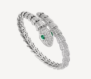 Chunky Serpenti Full Diamond Bracelet with Emerald Eyes in 18k White Gold