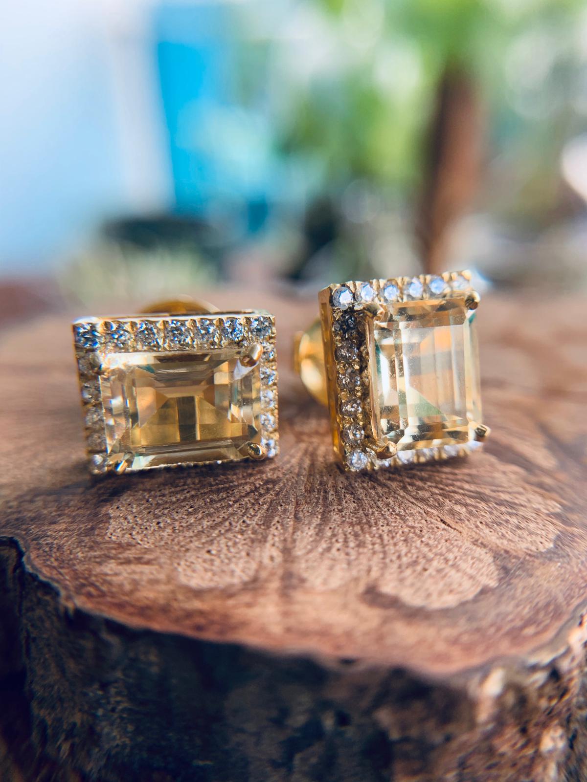 Emerald-cut Yellow Sapphire and White Diamonds Stud Earrings