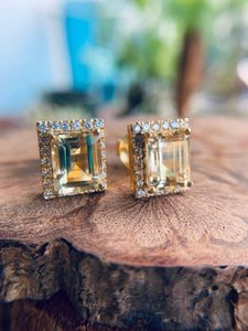 Emerald-cut Yellow Sapphire and White Diamonds Stud Earrings